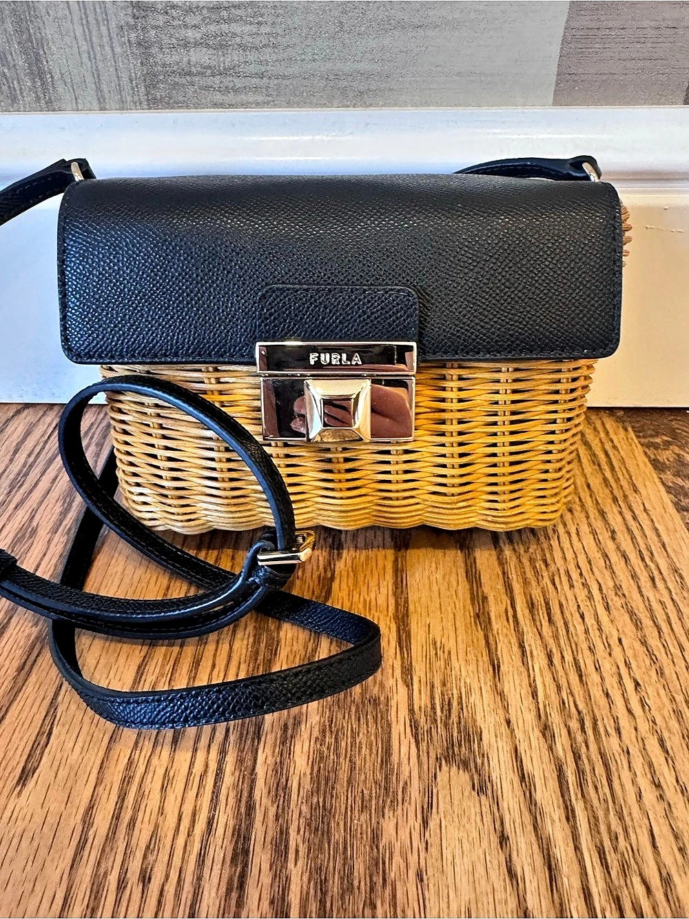 Furla 1927 Logo Wicker Shoulder Bag Black & Yellow